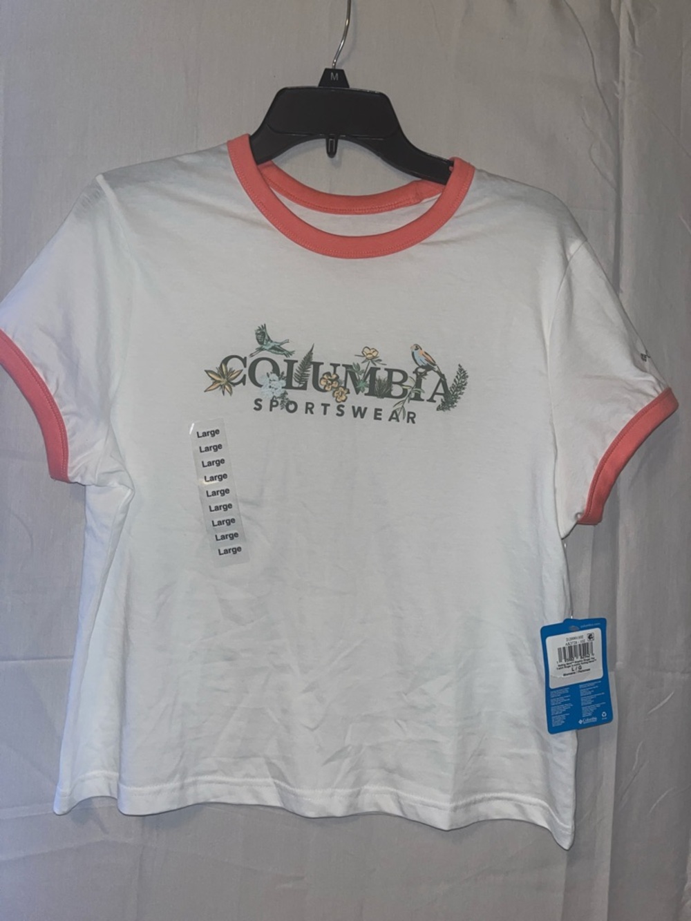 Columbia Women's White Tee with Coral Trim and Floral Logo